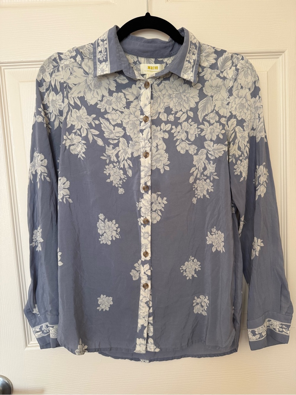Maeve 100% Silk Blue Floral Button-Down Shirt